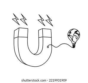 Magnet with globe light bulb as line drawing on white background. Vector