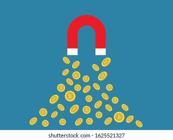 Magnet and gold coins with bitcoin sign,vector illustration