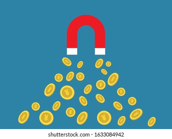 Magnet and gold coins with yuan sign,vector illustration