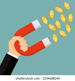 Magnet in hand attracts money. Vector illustration. Flat design for business financial marketing banking advertising web concept cartoon illustration.