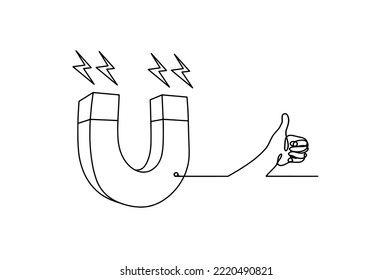 Magnet with hand as line drawing on white background. Vector