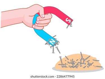 Magnet horseshoe. Hold choose, collect metal nails, screw. Separate hand-held horseshoe from sand, sawdust. Physics lesson, magnetism. Separating mixtures. Blend magnetics. Illustration vector