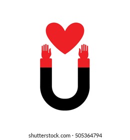 Magnet with human hands that attracts hearts. Stylish design vector illustration. Idea - love-affair. Vector magnet. Icon Of Heart. Valentine's Day.