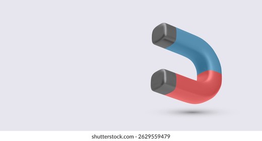 Magnet Icon, 3D Red and Blue Horseshoe Magnet with Glossy Surface and Minimal Style. Perfect for Physics, Attraction, or Science Concepts. Vector Illustration.