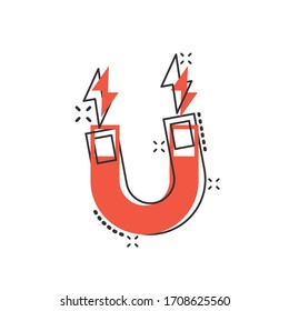 Magnet icon in comic style. Attract cartoon vector illustration on white isolated background. Electromagnetic splash effect business concept.