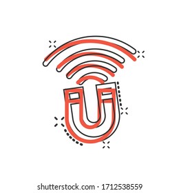 Magnet icon in comic style. Attract cartoon vector illustration on white isolated background. Electromagnetic splash effect business concept.