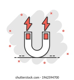 Magnet icon in comic style. Attract cartoon vector illustration on white isolated background. Electromagnetic splash effect business concept.