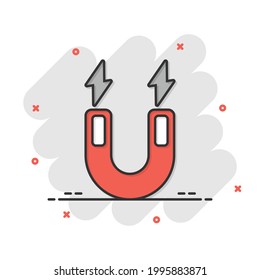 Magnet icon in comic style. Attract cartoon vector illustration on white isolated background. Electromagnetic splash effect business concept.