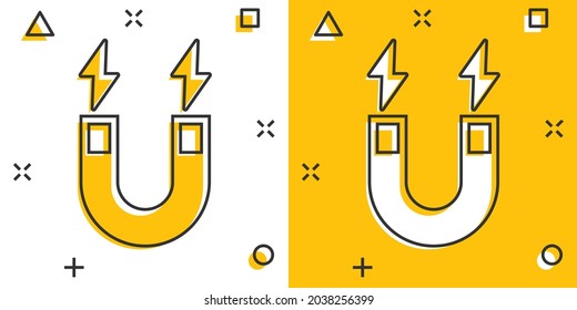 Magnet icon in comic style. Attract cartoon vector illustration on white isolated background. Electromagnetic splash effect business concept.