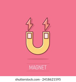 Magnet icon in comic style. Attract cartoon vector illustration on isolated background. Electromagnetic splash effect business concept.