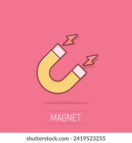 Magnet icon in comic style. Attract cartoon vector illustration on isolated background. Electromagnetic splash effect business concept.