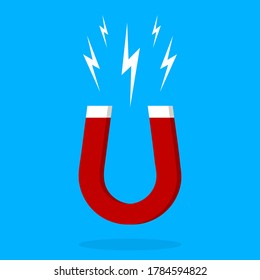 Magnet icon. Electromagnetic horseshoe for attract. Red symbol of force pull. Field of power magnet. Cartoon shape isolated on blue background. Energy concept. Sign of attraction in physics. Vector.