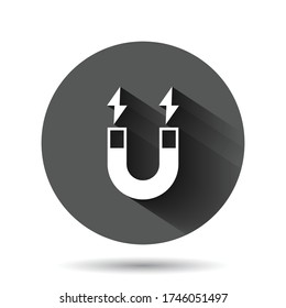 Magnet icon in flat style. Attract vector illustration on black round background with long shadow effect. Electromagnetic circle button business concept.