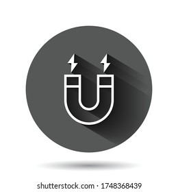 Magnet icon in flat style. Attract vector illustration on black round background with long shadow effect. Electromagnetic circle button business concept.