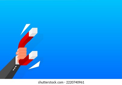 Magnet icon in hand. Attract customers and target audience on social networks. 3D isometric. Vector illustration.