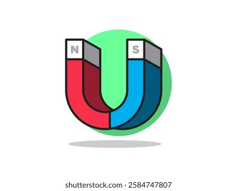 Magnet icon illustration design with letter U shape like horseshoe, with two poles south and north, metal magnet, realistic vector with black outline on green circle shape background