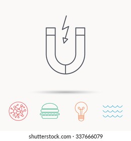 Magnet icon. Magnetic power sign. Physics symbol. Global connect network, ocean wave and burger icons. Lightbulb lamp symbol.