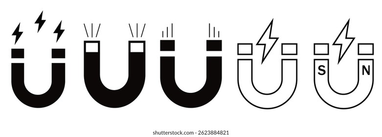Conjunto de Ícones Magnéticos - Símbolos de Atração e Força Magnética na Ilustração de Vetor de Estilo de Linha e Plano