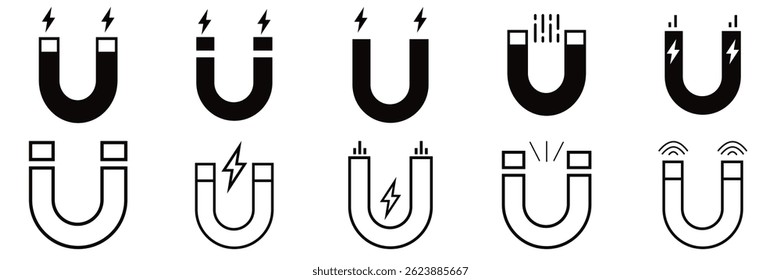 Conjunto de Ícones Magnéticos - Símbolos de Atração e Força Magnética na Ilustração de Vetor de Estilo de Linha e Plano