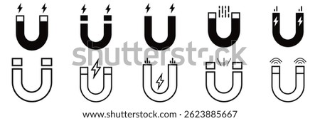 Magnet Icon Set – Attraction and Magnetic Force Symbols in Flat and Line Style Vector Illustration