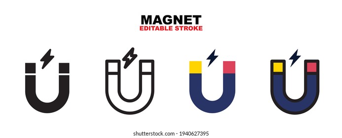 Conjunto de iconos de imán con estilos diferentes. Iconos vectoriales de colores diseñados en color relleno, contorno, plano, glifo y línea. Actrazo editable y píxel perfecto. Se puede usar para web, móvil, ui y más.