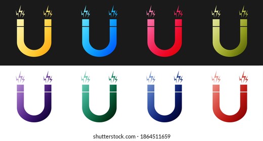 Magnet-Symbol Set einzeln auf schwarz-weißem Hintergrund. Hufeisenmagnet, Magnetismus, Magnetisierung, Attraktion. Vektorgrafik.