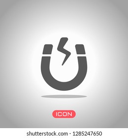 Magnet icon, sign of electromagnetic, silhouette of horseshoe, positive and negative energy. Icon under spotlight. Gray background
