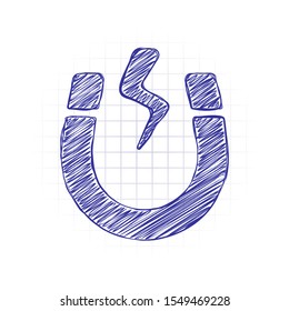 Magnet icon, sign of electromagnetic, silhouette of horseshoe, positive and negative energy. Hand drawn sketched picture with scribble fill. Blue ink. Doodle on white background