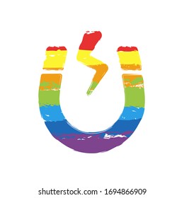 Magnet icon, sign of electromagnetic, silhouette of horseshoe, positive and negative energy. Drawing sign with LGBT style, seven colors of rainbow (red, orange, yellow, green, blue, indigo, violet