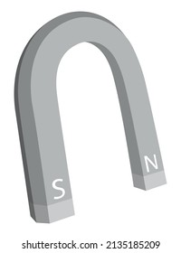 Magnet icon with two poles north and south isolated on white. Magnetism, magnetize, attraction concept. Power symbol in gray color
