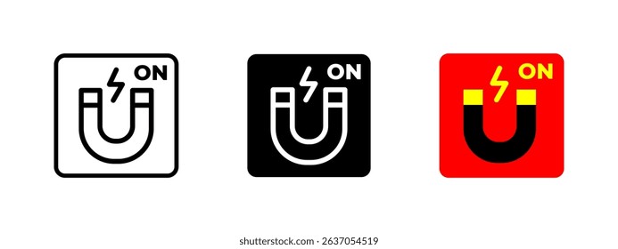Magnet icon. U-shaped electromagnet with power on indicator symbol. Generates magnetic field and lifts metal objects sign. Industrial equipment vector illustration. Electromagnetic force pictogram.