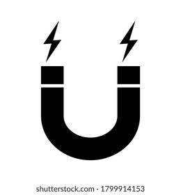 Magnet icon vector, flat cartoon black and white magnet with magnetic power isolated.