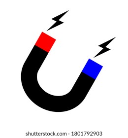 Magnet icon vector, flat cartoon black and white magnet with magnetic power isolated.