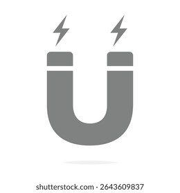 Magnet icon vector. Gray horseshoe magnet with power sign. White background. Magnetism and attraction concept symbol.
