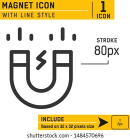 Magnet icon vector on isolated on soft white background. Magnetism icon with line style. Power symbol emblem sign. The icon is neatly designed on the perfect pixel box size of 32X32. Editable stroke.