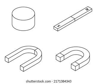 Conjunto de iconos de imán. Conjunto isométrico de iconos vectoriales del imán contorno aislado en fondo blanco