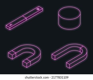 Magnet icons set. Isometric set of magnet vector icons neon on black