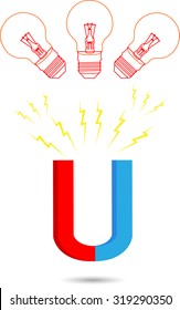 Magnet idea. Power bulb, attraction and horseshoe, magnetize and growth, vector graphic illustration