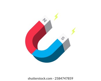 Magnet illustration design with letter U shape like horseshoe, with two poles south and north, isometric magnet with lightning, realistic vector isolated on white background