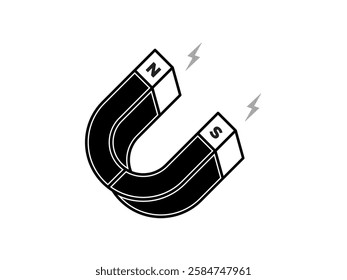 Magnet illustration design with letter U shape like a horseshoe, with two south and north poles, isometric magnet with lightning, black and white realistic vector isolated on white background