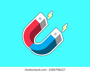 Magnet illustration design with letter U shape like horseshoe, with two poles south and north, isometric magnet with lightning, realistic vector sticker style isolated on turquoise background