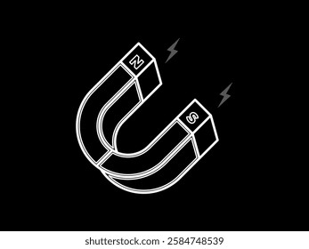 Magnet illustration design with letter U shape like horseshoe, with two poles south and north, isometric magnet with lightning, vector icon with white outline only on black background