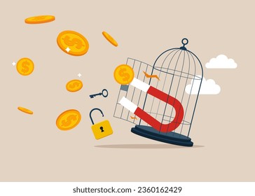 El imán con llave se libera de la jaula para magnetizar monedas en dólares. Ilustración vectorial plana.