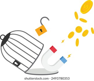 Magnet with key free himself from cage to magnetize dollar coins. Flat vector illustration.

