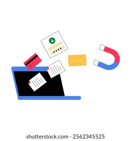 Magnet With Laptop And Data Elements In Flat Vector Illustration Symbolizing Data Breach, Cybersecurity Threats, And Online Security, Isolated On White Background.