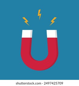 Magnet with lightning vector on blue background. Red horseshoe magnet with magnetic power sign