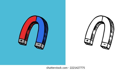 Magnet or loadstone sketch. Physics drawing. Education doodle icon. Outline black ink for infographic, website or app.
