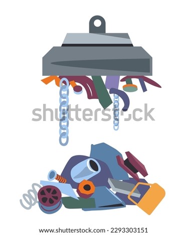 Magnet machine for separating metal garbage, litter and rubbish collecting and recycling. Reusing purpose, factory machinery and ecological care for environment. Vector in flat style illustration