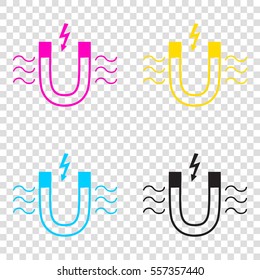 Magnet with magnetic force indication. CMYK icons on transparent background. Cyan, magenta, yellow, key, black.