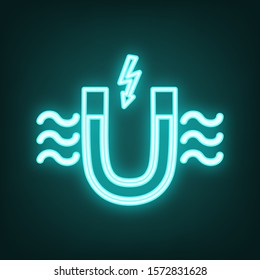 Magnet with magnetic force indication. Cyan neon icon in the dark. Bluring. Luminescence. Illustration.